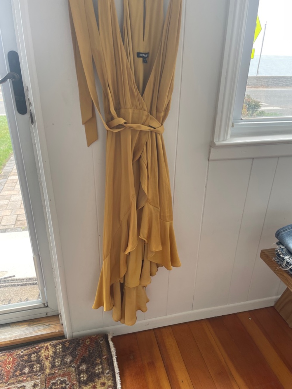 Express Mustard Yellow Ruffle Wrap Midi Dress